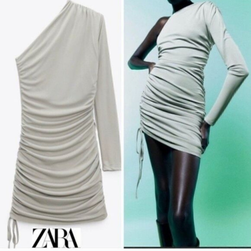 NWT Zara Women's One-Shoulder Ruched Dress - Gray